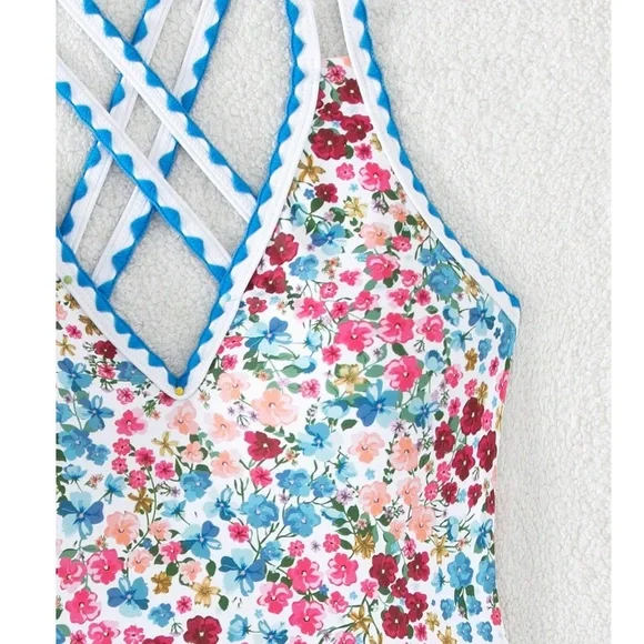 Boho Floral Print Criss Cross One Piece Monokini Swim Beach - Picture 4 of 5